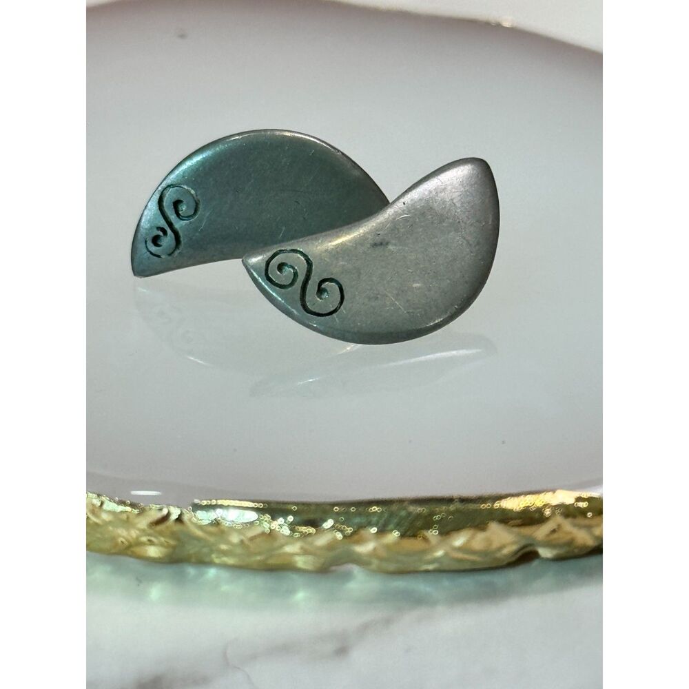 Sterling Silver Crescent Shaped Stud Earrings with Geometric Engraved Design